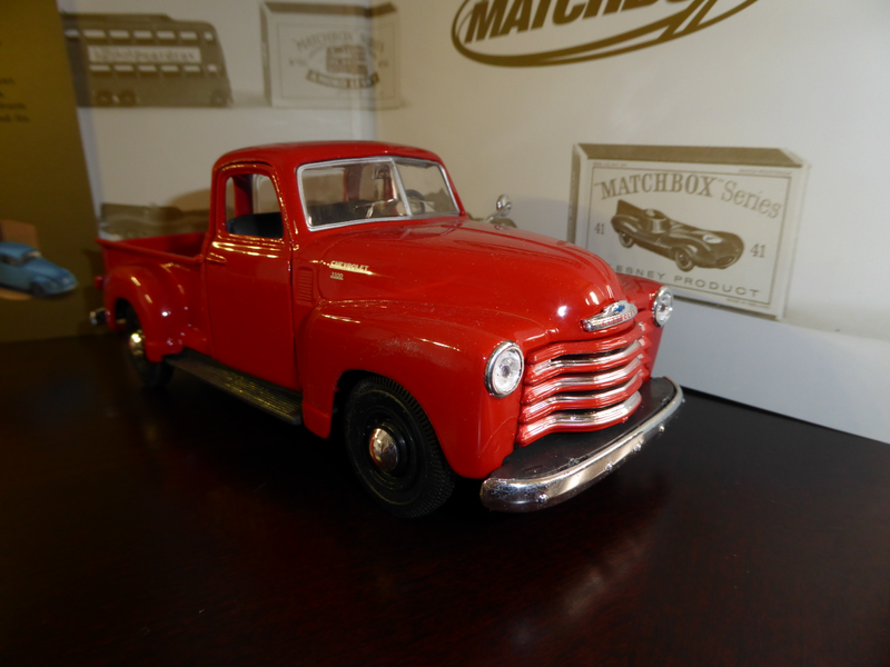 Maisto did a low cost but decent looking truck. For one, the cab and bed are molded into one. The hood side emblems which read Chevrolet 3100 is painted on instead of separate parts.